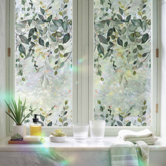 Window Privacy Film,Country Sage Green Eucalyptus Static Clings Decorative Rainbow Window Films Stickers Watercolor Leaves Plant Sun Blocking Glass Cover for Home Bathroom Office,17.7"x39.3"