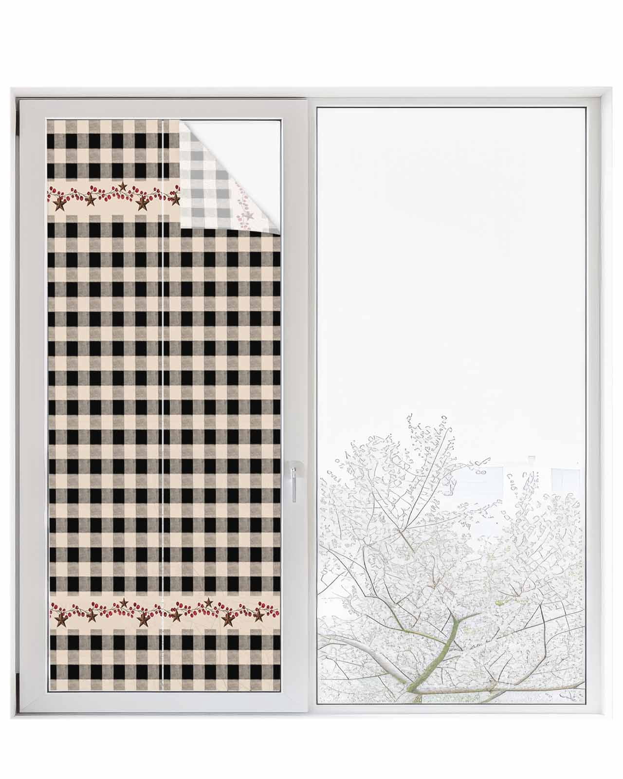 Window Privacy Film Country Star Plaid Stained Glass Window Film Decorative Sun Block Window Cover Black Retro American Farm Barn Berry Window Clings Static Adhesive Sticker for Bathroom 23.6"x59"