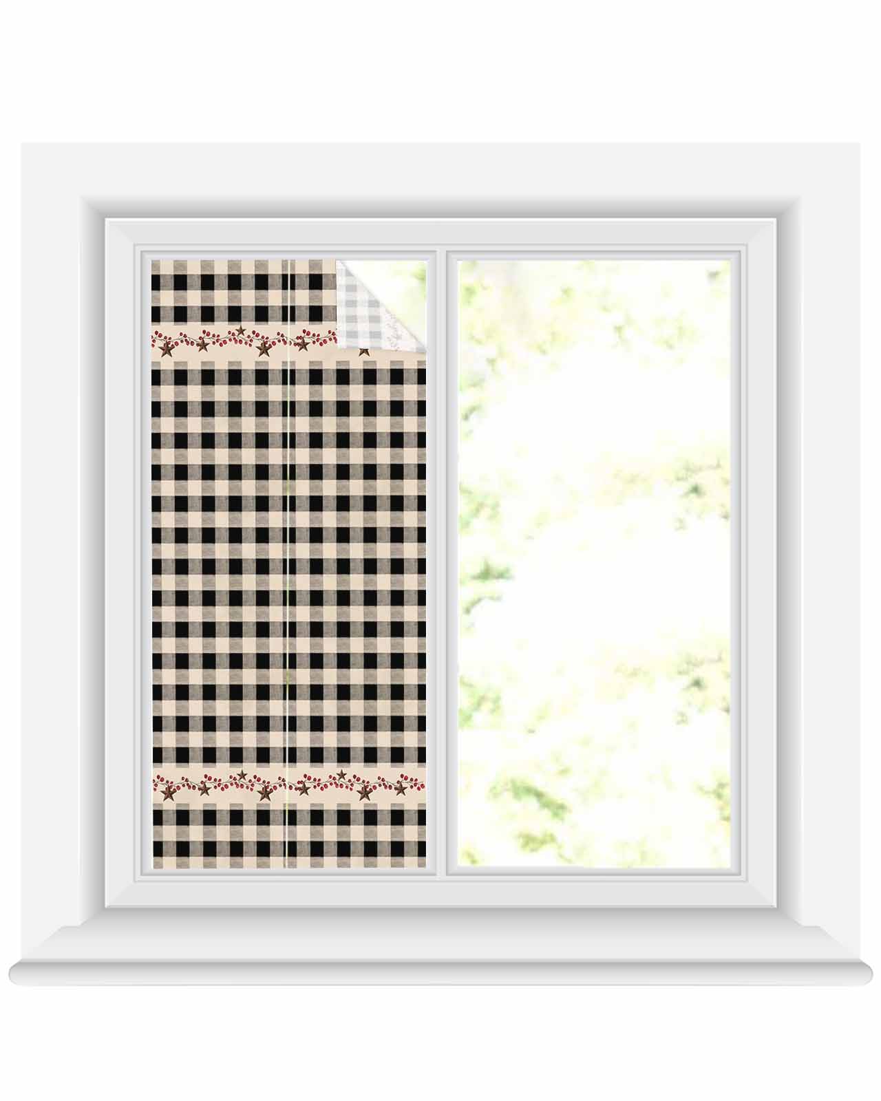 Window Privacy Film Country Star Plaid Stained Glass Window Film Decorative Sun Block Window Cover Black Retro American Farm Barn Berry Window Clings Static Adhesive Sticker for Bathroom 17.7"x39.3"