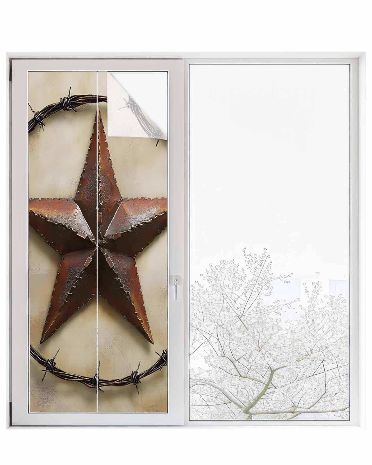 Window Privacy Film Country Star Retro Stained Glass Window Film Decorative Sun Block Window Cover Farmhouse Western Aesthetic Art Window Clings Static Adhesive Sticker for Bathroom 23.6"x59"