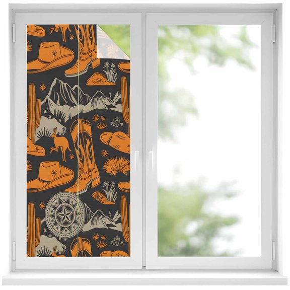 Window Privacy Film Cowboy Boots Stained Glass Window Film Decorative Sun Block Window Cover Western Mountains Cacti Hats Desert Vintage Window Clings Static Adhesive Sticker for Bathroom 17.7"x39.3"