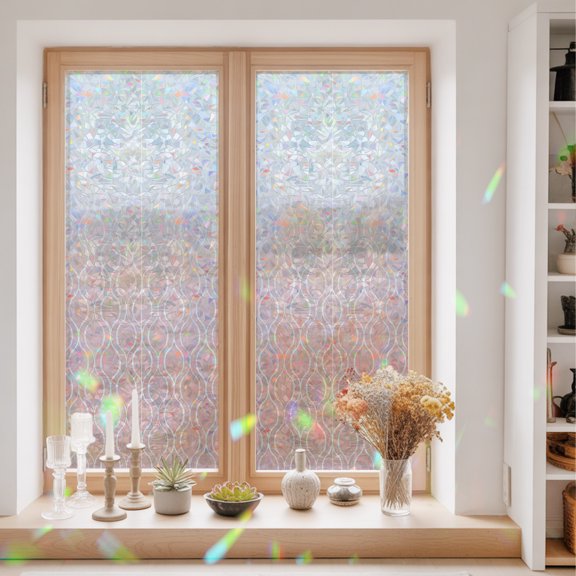 Window Privacy Film,Curved White Line Static Clings Decorative Rainbow Window Films Stickers Abstract Geometric Striped on Pink Sun Blocking Glass Cover for Home Bathroom Office,23.6"x59"