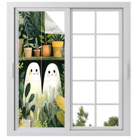 Window Privacy Film Cute Ghosts Stained Glass Window Film Decorative Sun Block Window Cover Halloween Country Green Plant Leaves Window Clings Static Adhesive Sticker for Bathroom 23.6"x59"