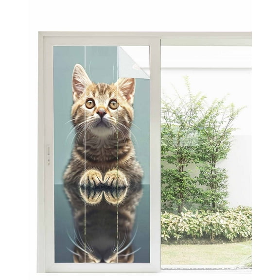 Window Privacy Film Cute Lovely Cat Stained Glass Window Film Decorative Sun Block Window Cover Modern Art Mirror Image Pet Window Clings Static Adhesive Sticker for Bathroom 35.4"x78.7"