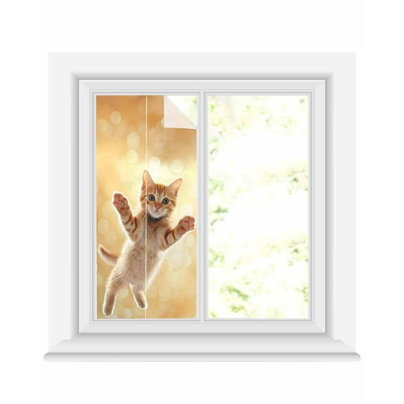 Window Privacy Film Cute Orange Cat Stained Glass Window Film Decorative Sun Block Window Cover Lovely Modern Floating Pet Kitten Window Clings Static Adhesive Sticker for Bathroom 17.7"x39.3"