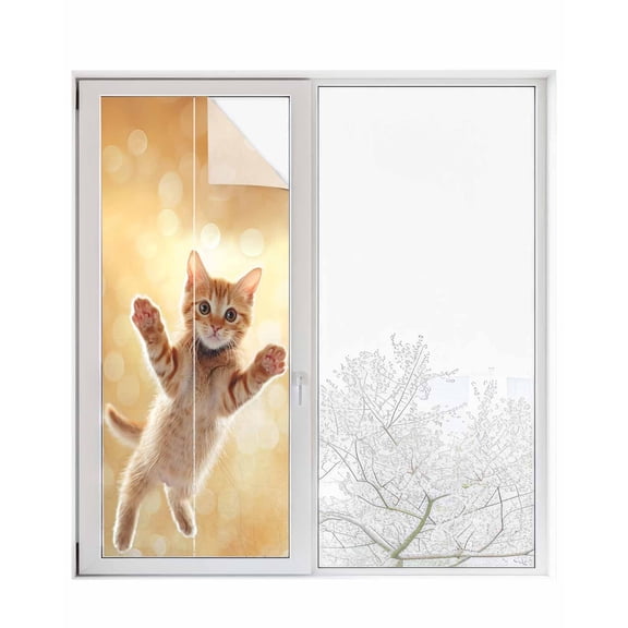 Window Privacy Film Cute Orange Cat Stained Glass Window Film Decorative Sun Block Window Cover Lovely Modern Floating Pet Kitten Window Clings Static Adhesive Sticker for Bathroom 23.6"x59"