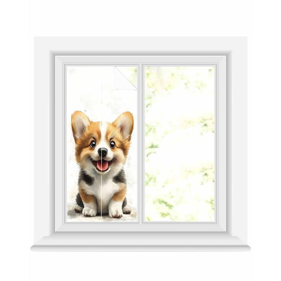 Window Privacy Film Cute Puppy Stained Glass Window Film Decorative Sun Block Window Cover Modern Sitting Pet Dog Watercolor Window Clings Static Adhesive Sticker for Bathroom 19.6"x39.3"