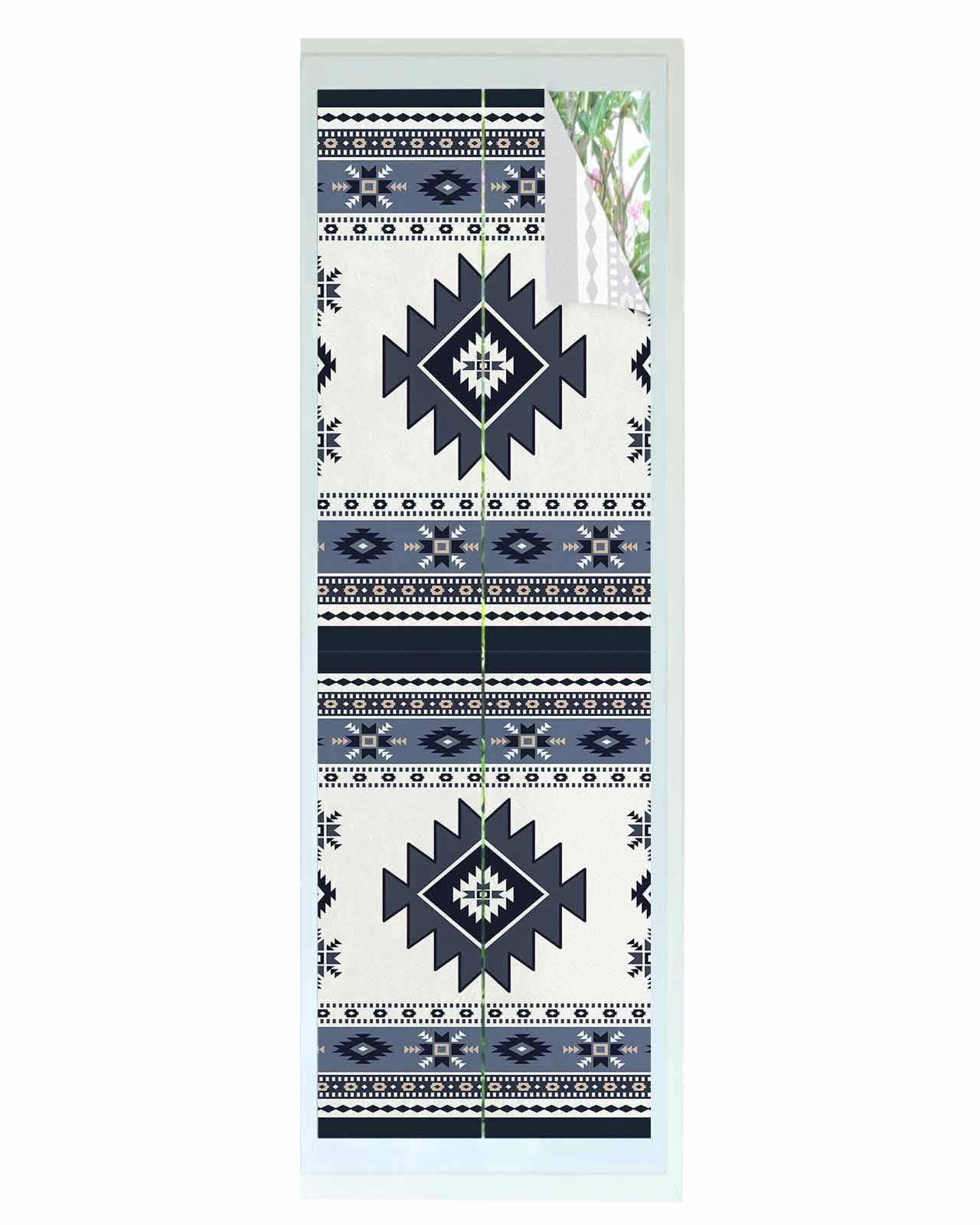 Window Privacy Film Dark Blue Boho Stained Glass Window Film Decorative Sun Block Window Cover Farmhouse Neutral Abstract Geometric Window Clings Static Adhesive Sticker for Bathroom 29.5"x118"