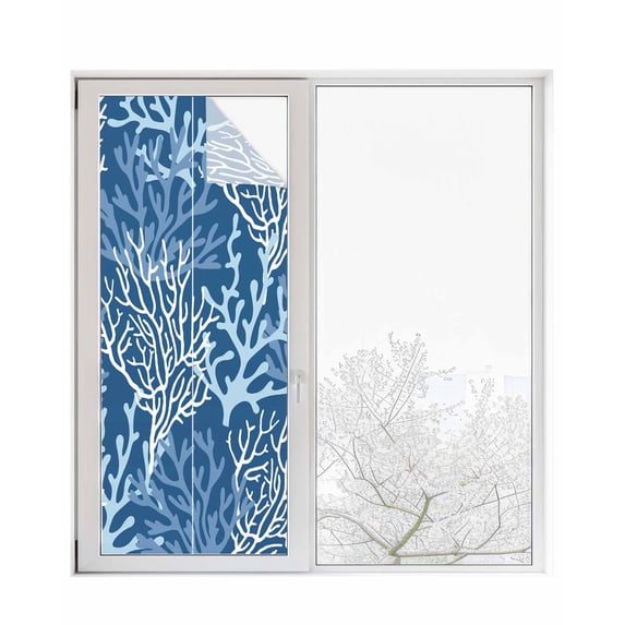 Window Privacy Film,Dark Blue Coral UV Sun Blocking Window Tint Film Heat Control One Way Blackout Window Film,Spring Summer Coastal Nautical Ocean Beach Non Adhesive Static Cling Sticker 23.6x59 In