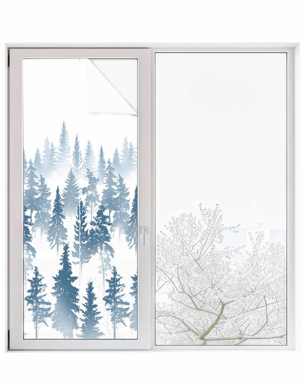 Window Privacy Film, Dark Blue Forest UV Sun Blocking Window Tint Film Heat Control One Way Blackout Window Film, Modern Abstract Silhouette Art Non Adhesive Static Cling Window Sticker 29.5x78.7 In
