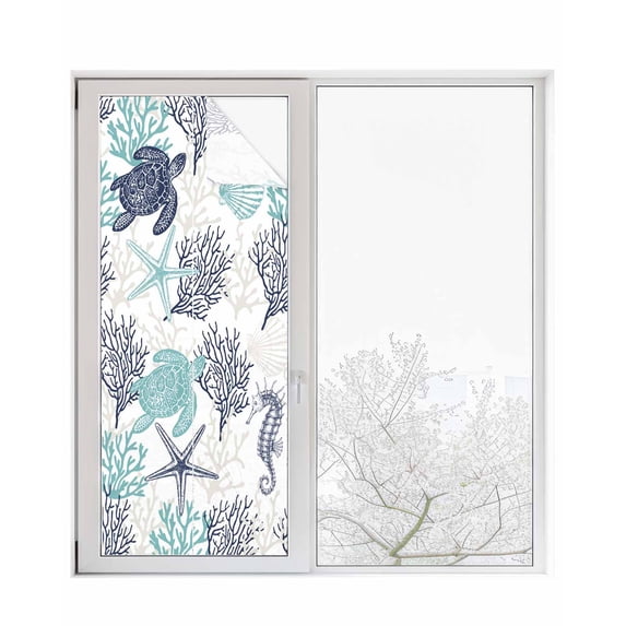 Window Privacy Film,Dark Blue Grey Coral UV Sun Blocking Window Tint Film Heat Control One Way Blackout Window Film,Coastal Nautical Summer Beach Turtle Starfish Non Adhesive Static Cling 23.6x59 In