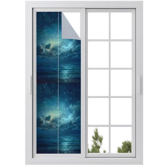 Window Privacy Film Dark Blue Sky Stained Glass Window Film Decorative Sun Block Window Cover Night Star Cloud Mysterious Sky Window Clings Static Adhesive Sticker for Bathroom 23.6"x78.7"