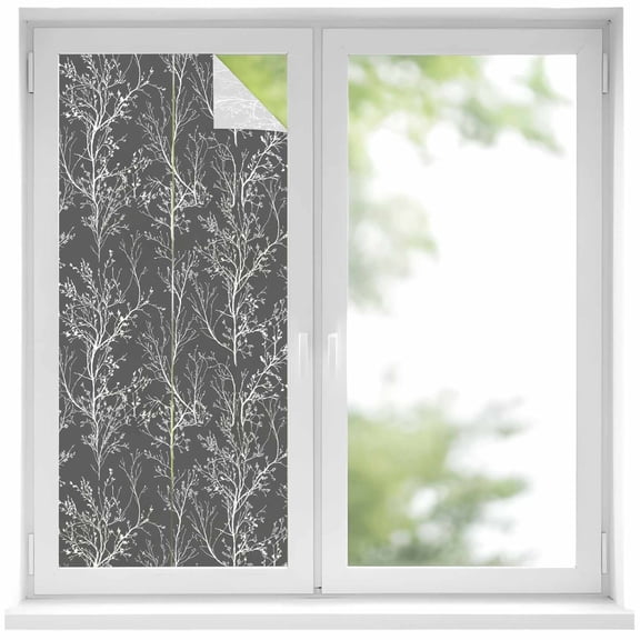 Window Privacy Film Dark Grey Botanical Stained Glass Window Film Decorative Sun Block Window Cover Vintage Floral Plants Branch Window Clings Static Adhesive Sticker for Bathroom 19.6"x39.3"