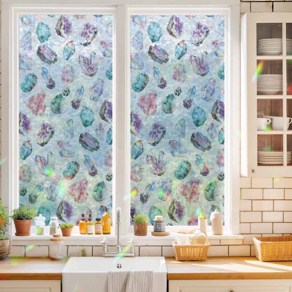 Window Privacy Film Decorative, Amethyst Cluster Stained Glass Window Film for Home Front Door, Quartz Crystal Pink Gemstone Non-Adhesive Rainbow Windows Sticker Cling Tint 19.6"x39.3"