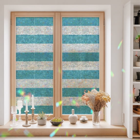 Window Privacy Film Decorative, Aqua Beige Striped Stained Glass Window ...