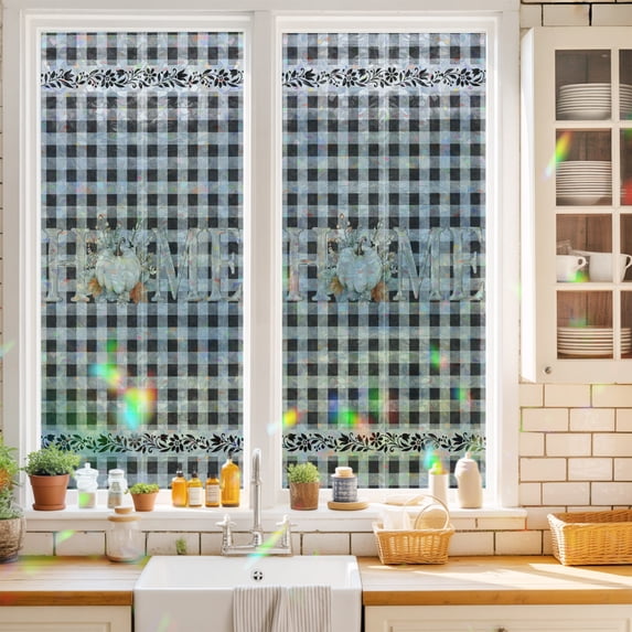 Window Privacy Film Decorative, Black Checked Stained Glass Window Film ...