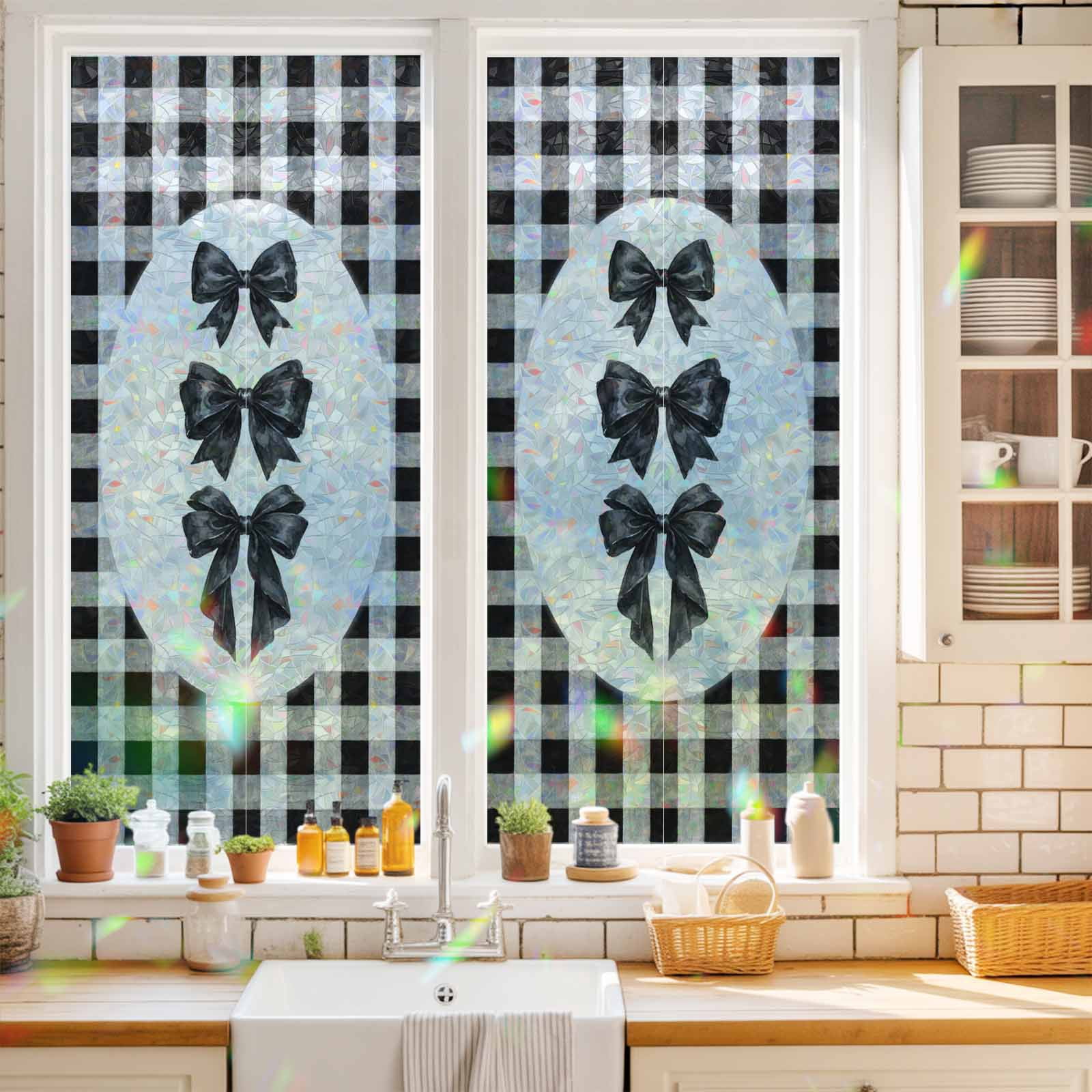 Windows Rainbow Ribbons Window Privacy Film Decorative, Black Ribbon Bows Stained Glass Window ...