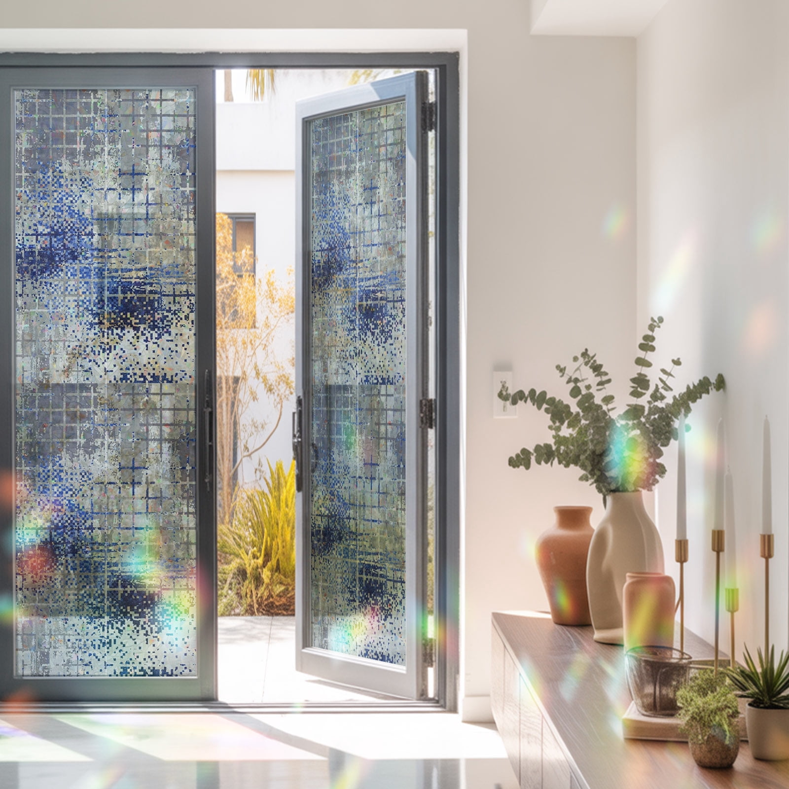 Window Privacy Film Decorative, Blue Abstract Art Stained Glass Window ...
