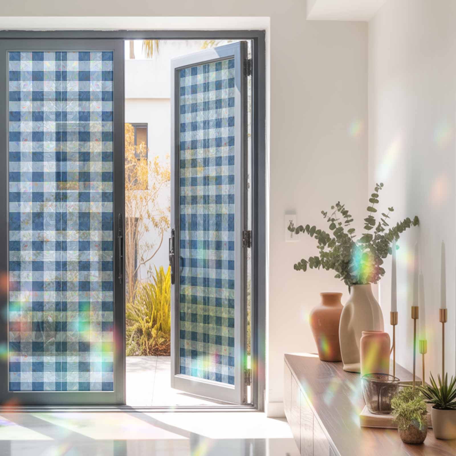 Window Privacy Film Decorative, Blue Checked Stained Glass Window Film ...