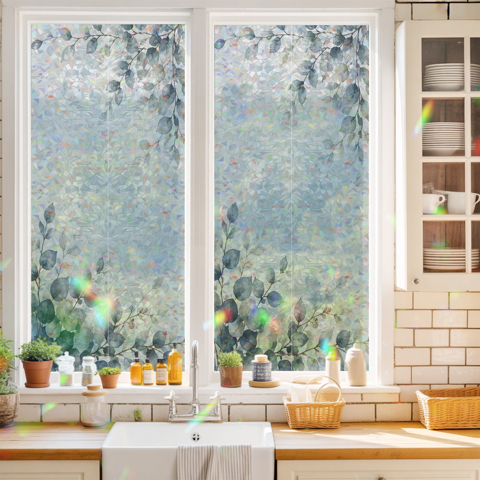 Window Privacy Film Decorative, Blue Eucalyptus Leaves Stained Glass ...