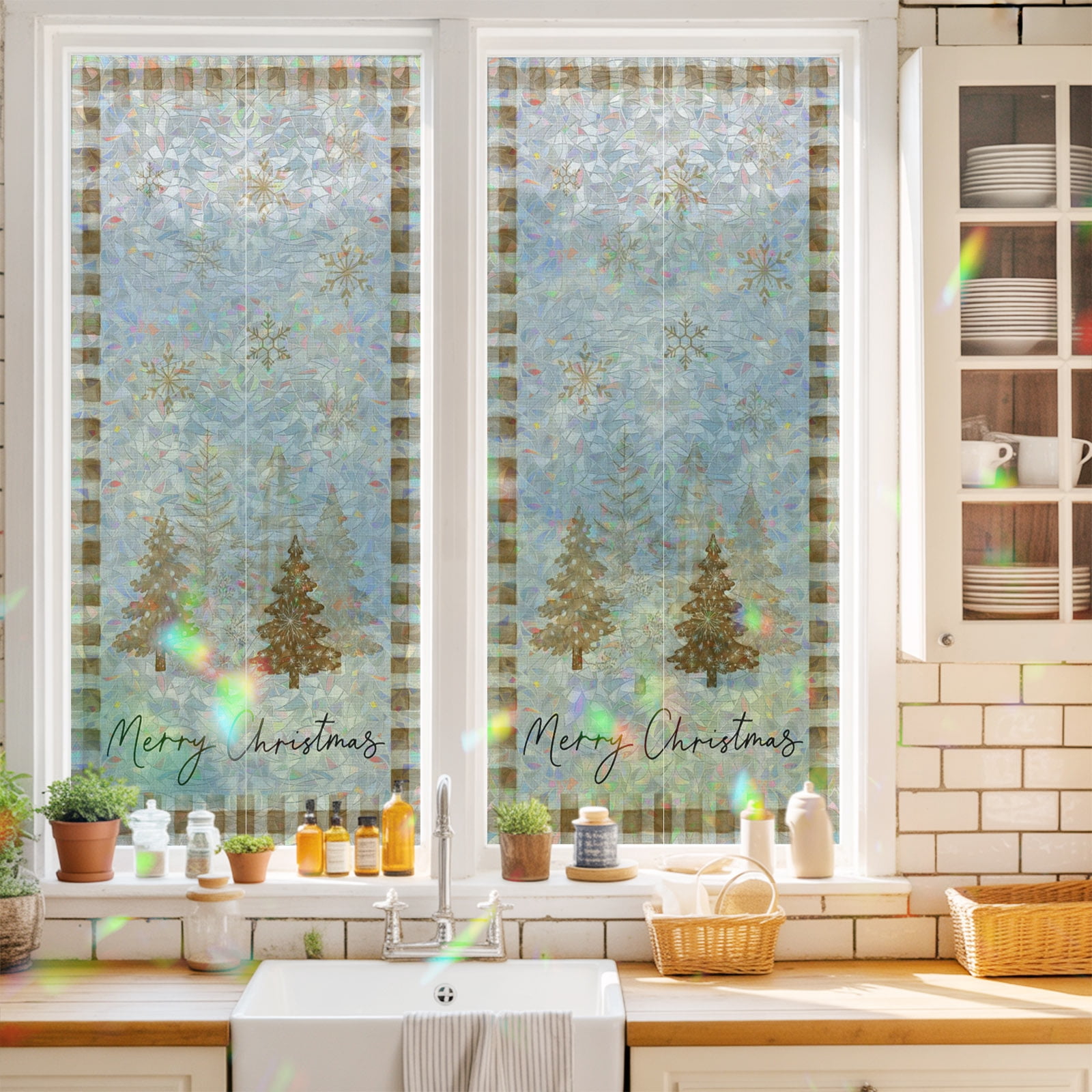 Window Privacy Film Decorative, Brown Christmas Tree Stained Glass ...
