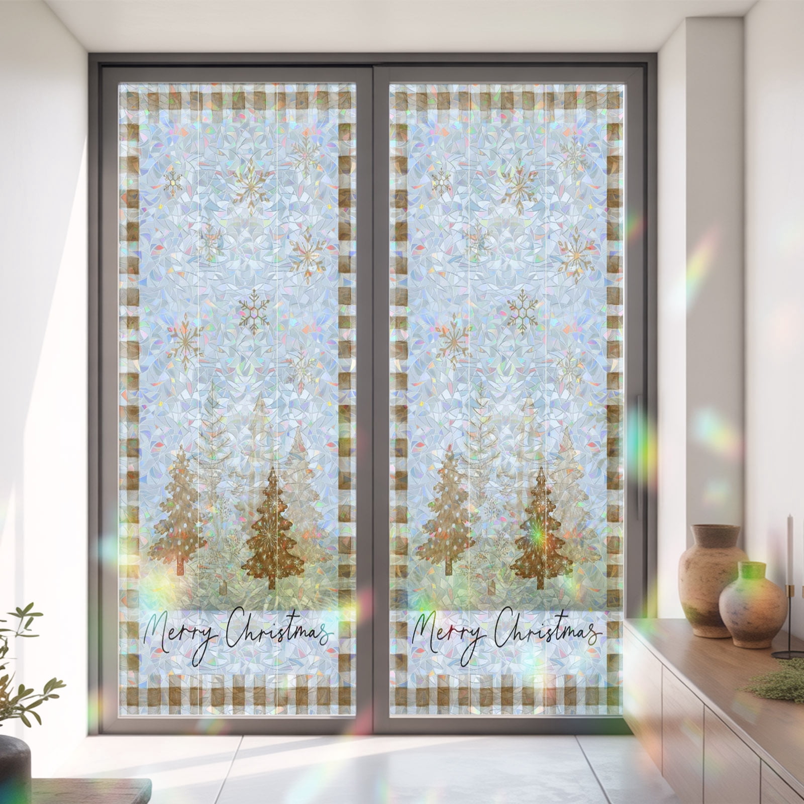 Window Privacy Film Decorative, Brown Christmas Tree Stained Glass ...