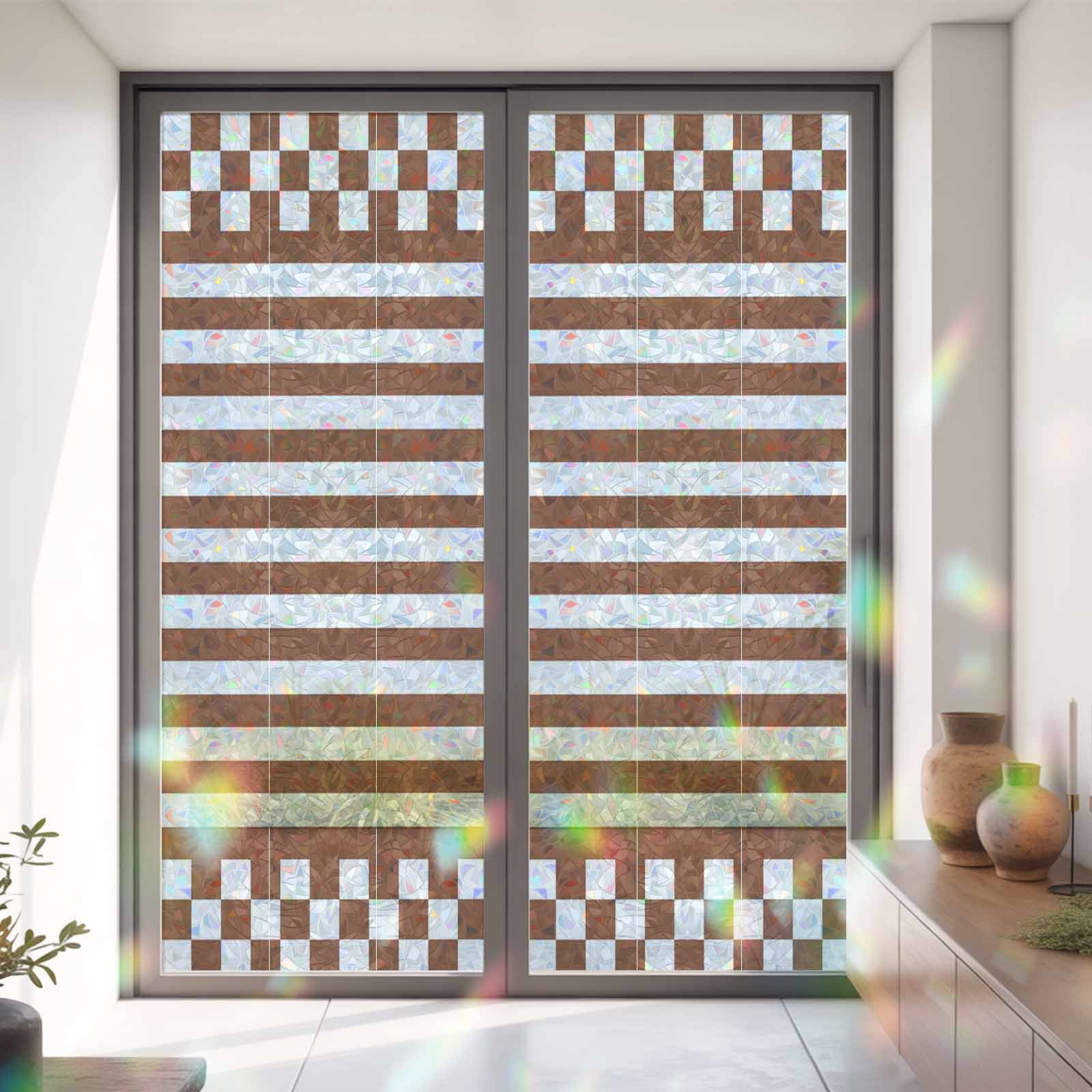 Window Privacy Film Decorative, Brown Stripes Stained Glass Window Film ...