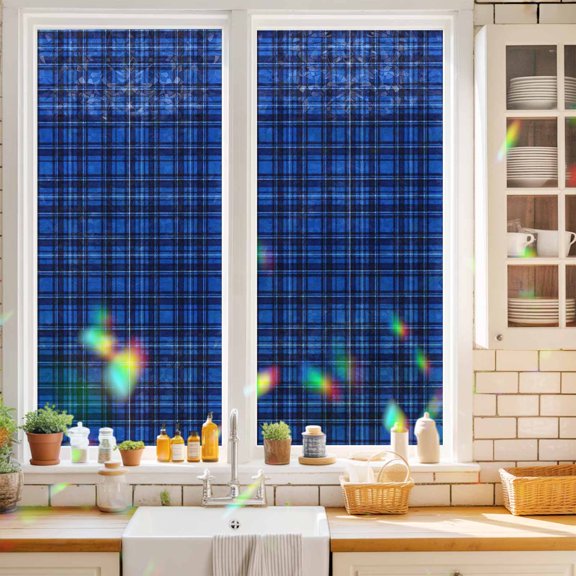 Window Privacy Film Decorative, Buffalo Plaid Stained Glass Window Film for Home Front Door, Christmas Blue Black Checkered Farmhouse Grid Non-Adhesive Rainbow Windows Sticker Cling Tint 17.7"x39.3"