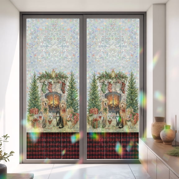 Window Privacy Film Decorative, Christmas Fireplace Stained Glass Window Film for Home Front Door, House Xmas Trees Cats Dogs Plaid Non-Adhesive Rainbow Windows Sticker Cling Tint 35.4"x78.7"