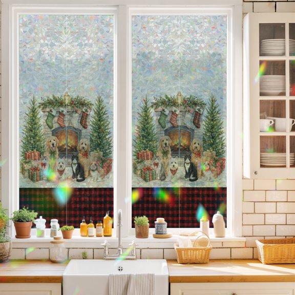 Window Privacy Film Decorative, Christmas Fireplace Stained Glass Window Film for Home Front Door, House Xmas Trees Cats Dogs Plaid Non-Adhesive Rainbow Windows Sticker Cling Tint 17.7"x39.3"