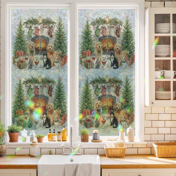 Window Privacy Film Decorative, Christmas Fireplace Stained Glass Window Film for Home Front Door, Xmas Tree Farmhouse Dogs Cats Non-Adhesive Rainbow Windows Sticker Cling Tint 17.7"x39.3"
