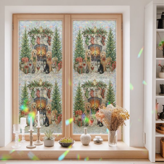 Window Privacy Film Decorative, Christmas Fireplace Stained Glass Window Film for Home Front Door, Xmas Tree Farmhouse Dogs Cats Non-Adhesive Rainbow Windows Sticker Cling Tint 29.5"x78.7"