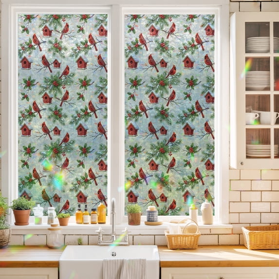 Window Privacy Film Decorative, Christmas Red Bird Stained Glass Window ...