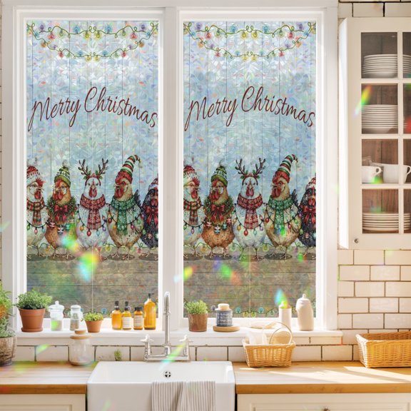 Window Privacy Film Decorative, Christmas Rooster Stained Glass Window Film for Home Front Door, Farmhouse Xmas Balls Vintage Non-Adhesive Rainbow Windows Sticker Cling Tint 17.7"x39.3"