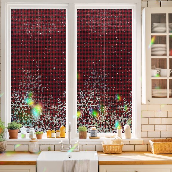 Window Privacy Film Decorative, Christmas Stained Glass Window Film for Home Front Door, Red Black Buffalo Plaid Xmas Snowflakes Farmhouse Non-Adhesive Rainbow Windows Sticker Cling Tint 17.7"x39.3"