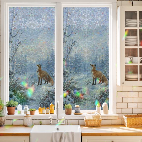Window Privacy Film Decorative, Christmas Stained Glass Window Film for Home Front Door, Winter Forest Fox Pine Trees Branches Birds Snowy Non-Adhesive Rainbow Windows Sticker Cling Tint 17.7"x39.3"