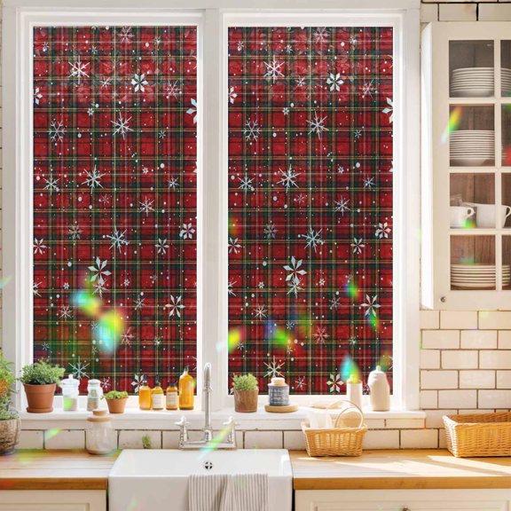 Window Privacy Film Decorative, Christmas Stained Glass Window Film for Home Front Door, Xmas Green Red Farmhouse Buffalo Plaid Snowflakes Non-Adhesive Rainbow Windows Sticker Cling Tint 17.7"x39.3"