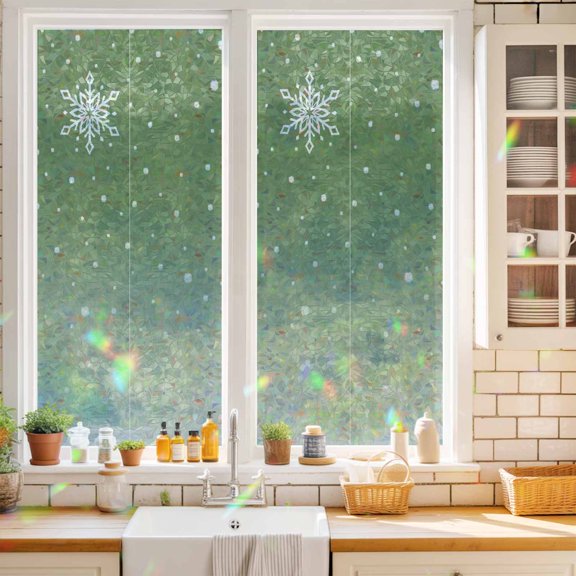 Window Privacy Film Decorative, Christmas Stained Glass Window Film for Home Front Door, Xmas Snowflake Winter Rustic Ombre Green Non-Adhesive Rainbow Windows Sticker Cling Tint 17.7"x39.3"