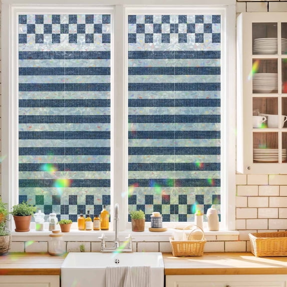 Window Privacy Film Decorative, Dark Blue Stripes Stained Glass Window ...