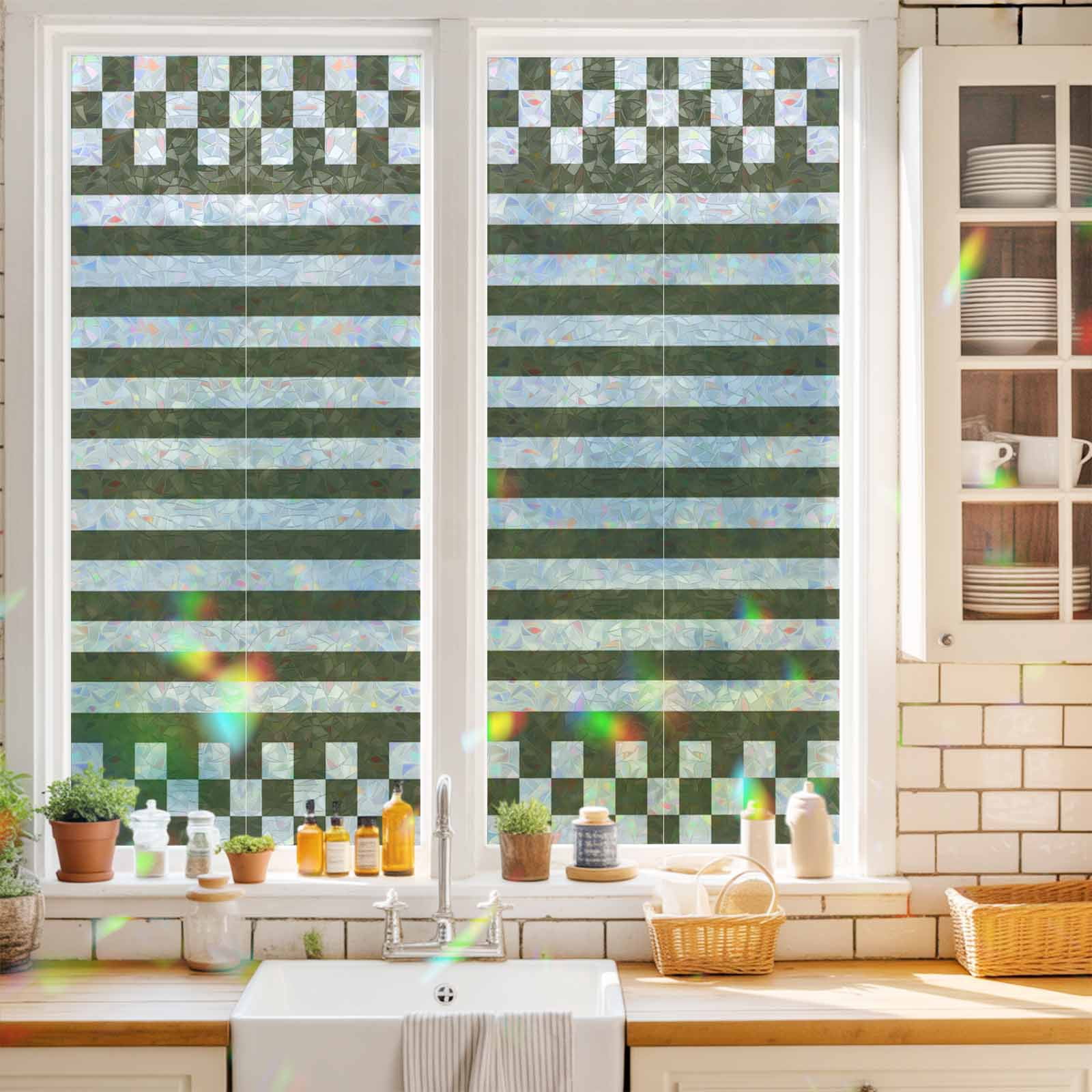 Window Privacy Film Decorative, Dark Green Stripes Stained Glass Window ...