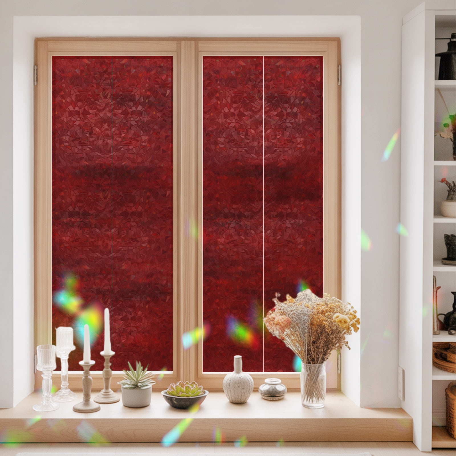 Rustic Textured Abstract Window Privacy Film Decorative, Dark Red Texture Stained Glass Window ...