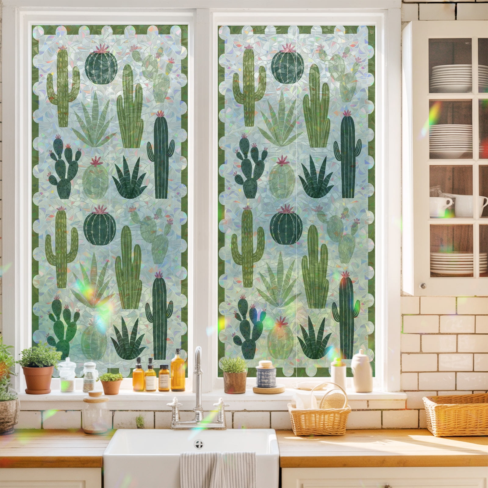 Window Privacy Film Decorative, Desert Cactus Stained Glass Window Film ...
