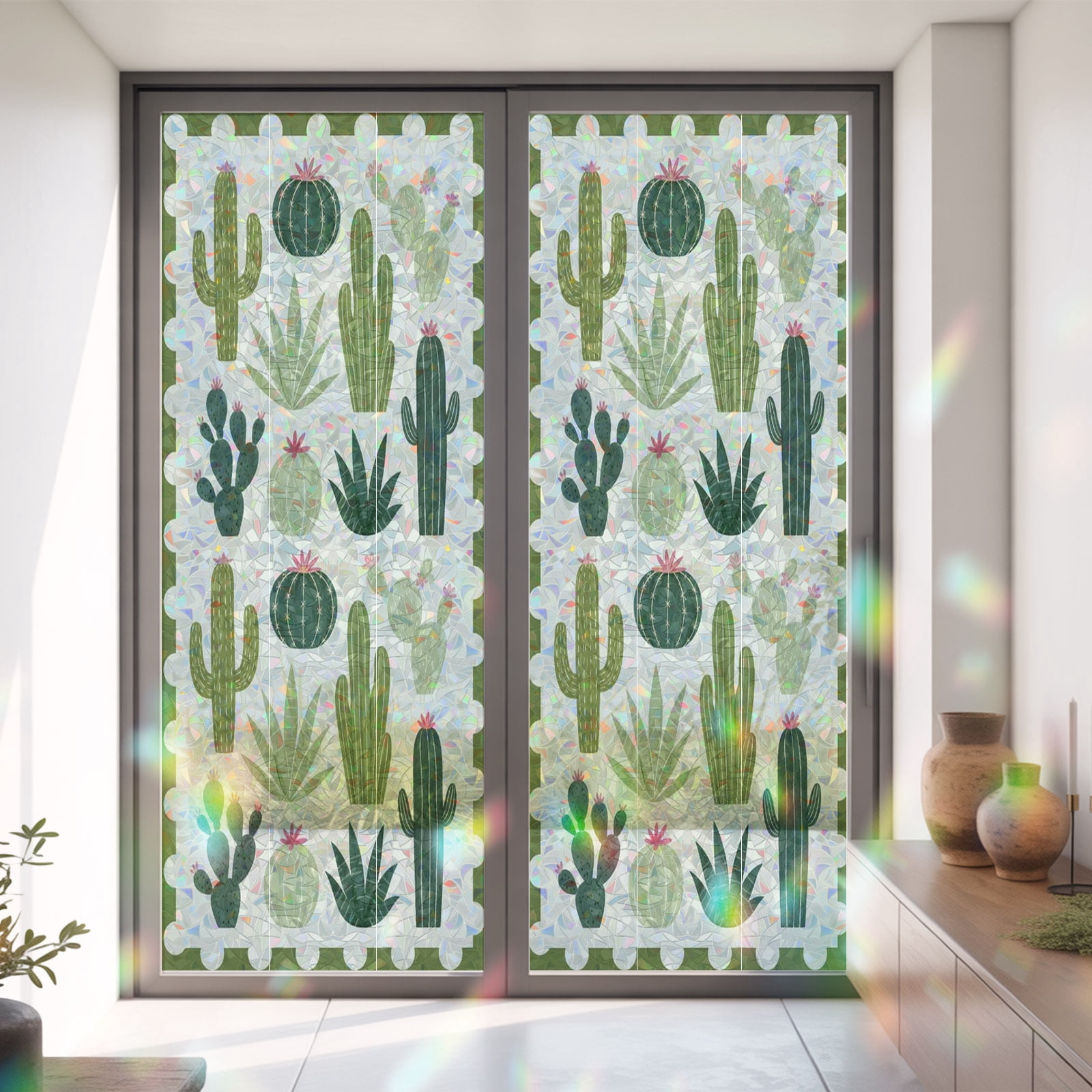 Window Privacy Film Decorative, Desert Cactus Stained Glass Window Film ...