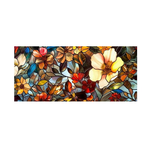 Window Privacy Film Decorative Floral, Stained Glass Decor, 24X72 In, Light Filtering, Living Space Entry, Cream Red, 1 Pc