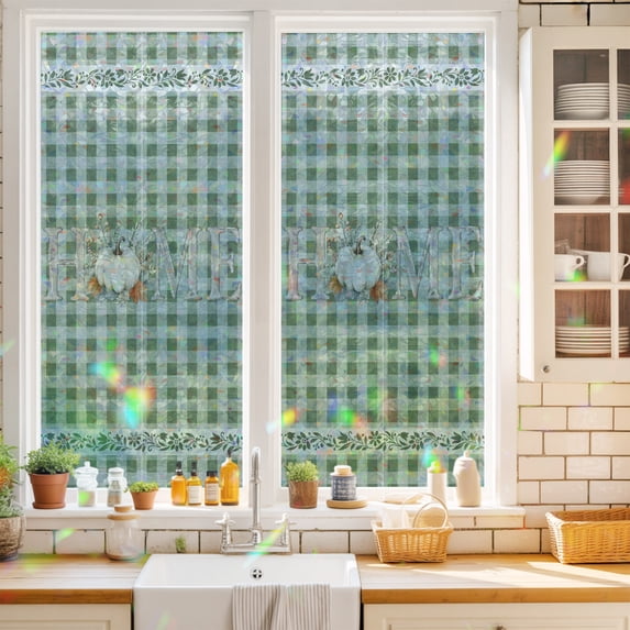 Window Privacy Film Decorative, Green Checked Stained Glass Window Film ...