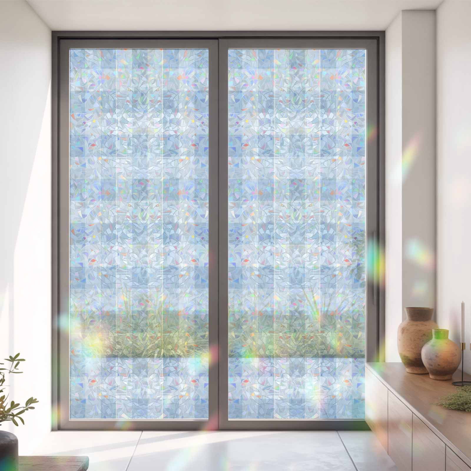 Window Privacy Film Decorative, Light Blue Checked Stained Glass Window ...
