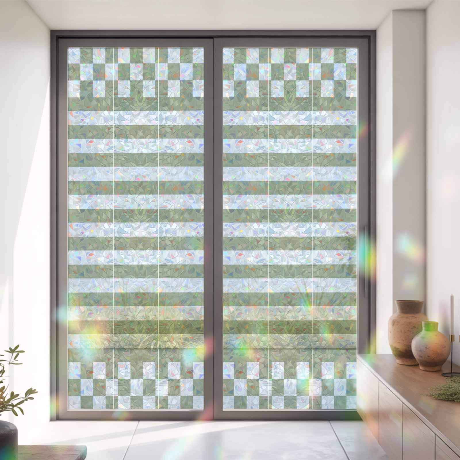 Window Privacy Film Decorative, Sage Green Stripes Stained Glass Window ...