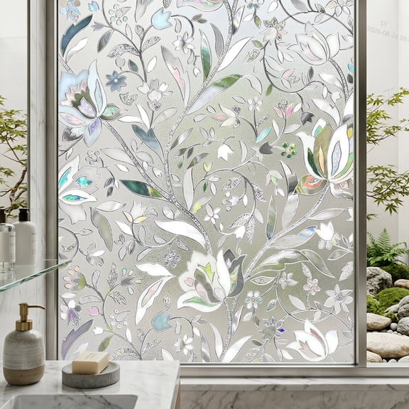 Window Privacy Film, Decorative Stained Glass Floral Window Film, 17.5 x 78.7 Inches