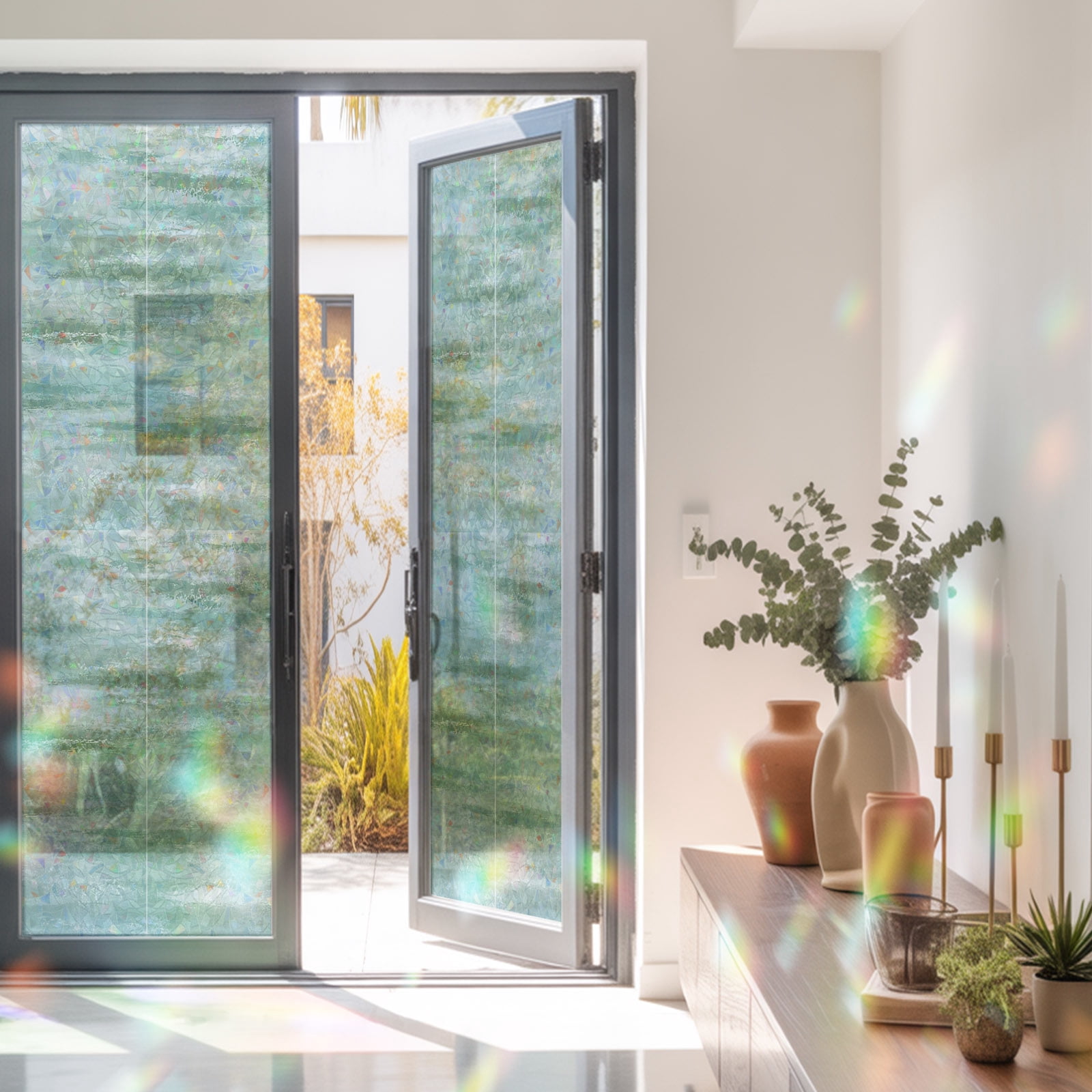 Rustic Textured Abstract Window Privacy Film Decorative, Teal Green Texture Stained Glass Window ...