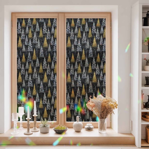 Window Privacy Film Decorative, Yellow Gray Christmas Trees Stained ...
